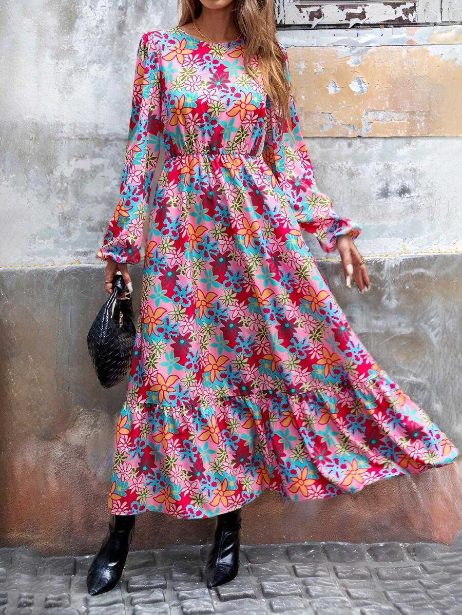 SHEIN LUNE 女士圆领长袖褶饰花卉印花休闲长裙 - 彩色 - 查看 1