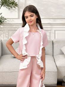 SHEIN 2pcs Tween Girls Casual Contrast Color Ruffle Collar Shirt & Ruffle Hem Pants Set