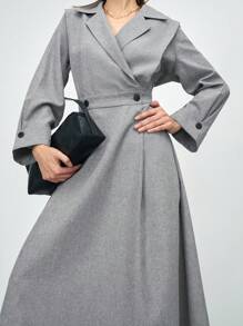 Mulvari 女士纯色前纽扣长袖立领简约休闲中长连衣裙 - 灰色 - 查看 1