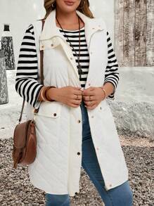 EMERY ROSE Plus Size Geometric Quilted Stand Collar Zip-Up Pockets Vest Padded Coat In Fall/Winter - White - View 1