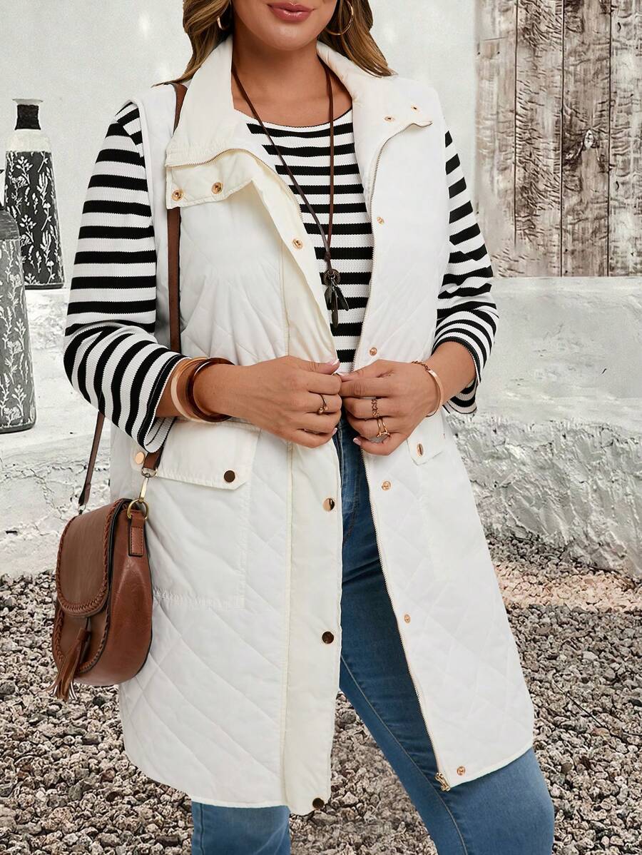 EMERY ROSE Plus Size Geometric Quilted Stand Collar Zip-Up Pockets Vest Padded Coat In Fall/Winter - White - View 1