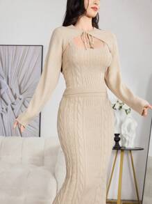 Modelyn Bộ 3 món dành cho nữ: Áo len cardigan tay dài dây mảnh, áo ba lỗ và chân váy midi dệt kim cáp, thanh lịch cho mùa thu/đông 2 món - Màu be - Xem 3