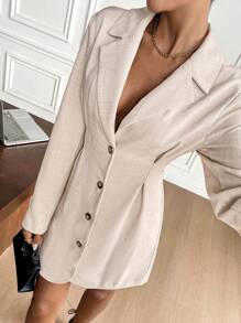 SHEIN Frenchy Vestido corto casual minimalista de mujer con botones frontales, manga larga y cuello alto de un solo color