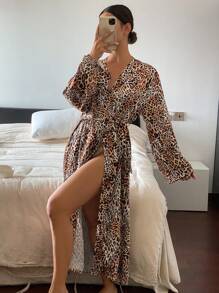 DAZY 1件套女士缎面豹纹长袖睡袍睡衣 - 棕色 - 查看 1