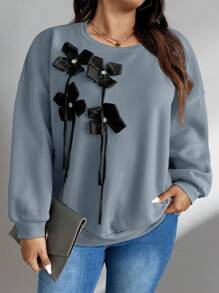 SHEIN Unity 大码立体花卉装饰圆领长袖休闲套头卫衣 - 水鴨藍 - 查看 3