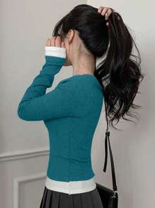 DAZY 女式 V 领蕾丝和蝴蝶结拼接拼色 T 恤，秋季服装长袖女式上衣