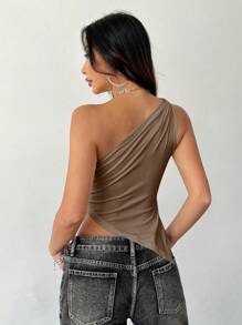 Flirla Women's Solid Color Minimalist Daily Asymmetrical Shoulder Top - Brown - View 2