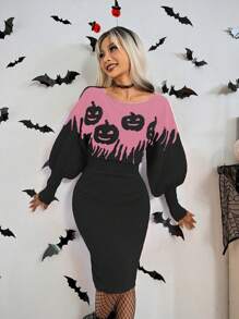 SHEIN Unity Europäisch und amerikanisch chic Halloween vintage Kürbis & Geist Muster Off-Shoulder lässiges schlankes langes Bodycon Kleid, Herbst/Winter - Verschiedenfarbig - Übersicht 6