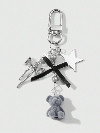 Kawaii 1pc Y2K Stylish High-Quality Silver Star Chain Black Ribbon Glass Rhinestone Bow Teddy Bear Pendant Keychain, Suitable For Women And Girls Daily Wear, Holiday Gift