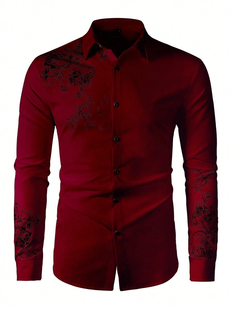 Manfinity Homme Men's Front Button Closure Long Sleeve Floral Print Simple Design Casual Shirt - Burgundy - View 1