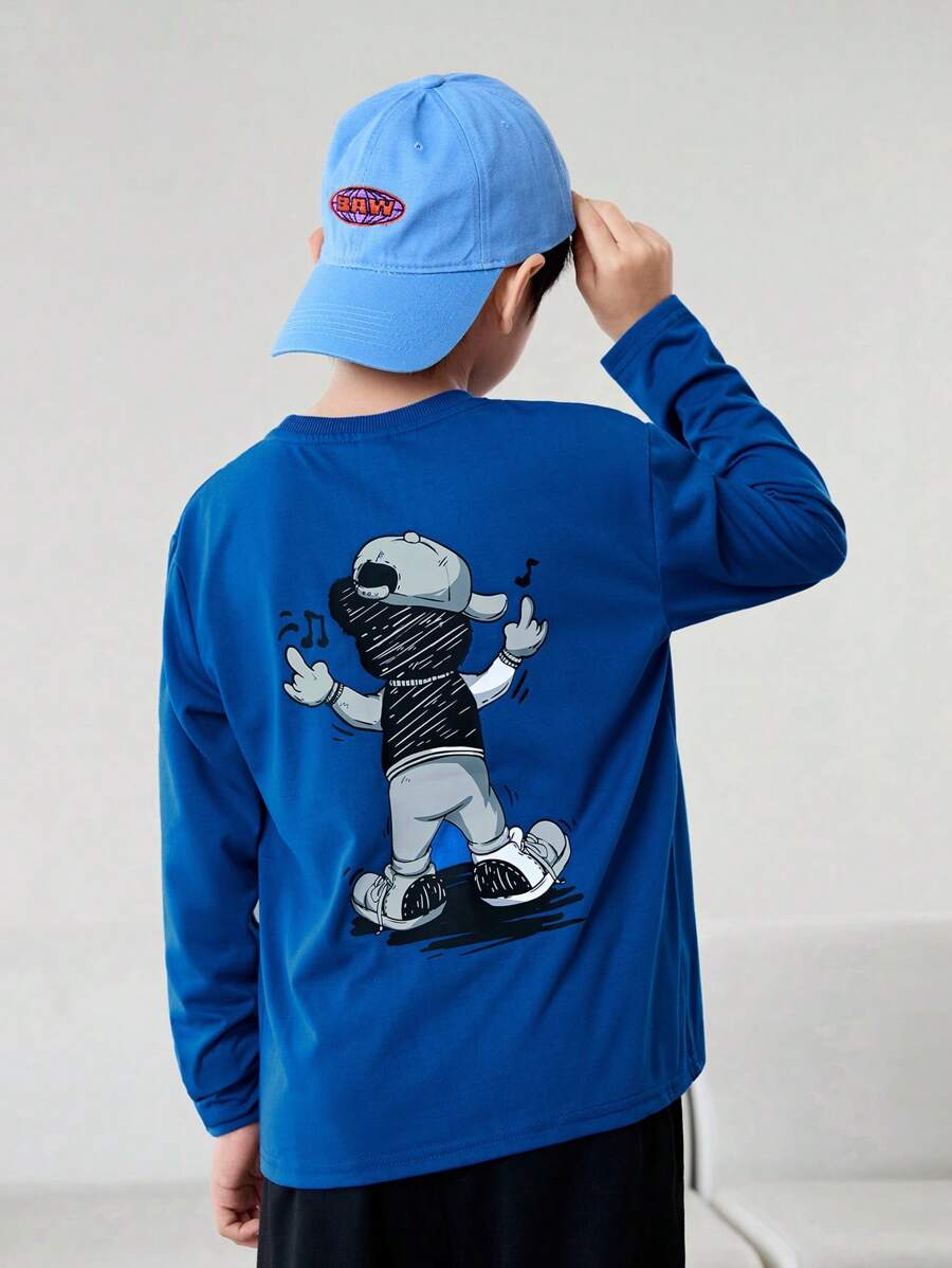 SHEIN Leap Crew 青少年男孩休闲印花圆领宽松长袖纯色针织 T 恤 - 藍色 - 查看 1