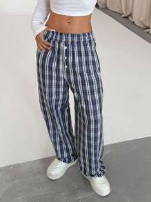 Flirla Women's Fashionable Loose Plaid Straight Leg Pants, Casual Wear