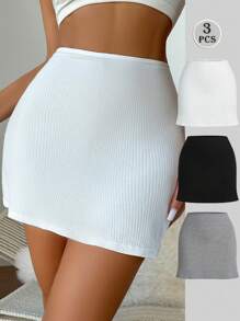 3pcs/Set Women Ribbed Shorts, Comfort Under Skirt Shorts For Outdoor Wear