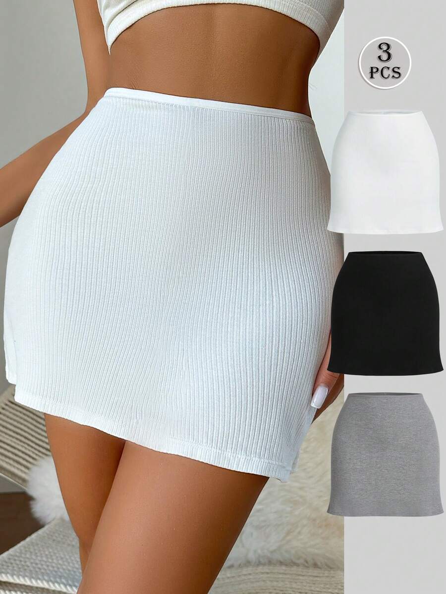 3pcs/Set Women Ribbed Shorts, Comfort Under Skirt Shorts For Outdoor Wear