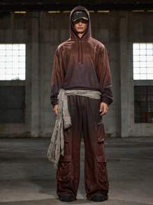 Manfinity VCAY 2pcs Men's Casual Knitted Loose Fit Hooded Long Sleeve Sweatshirt & Elastic Waist Straight Leg Pants Set, For Fall Winter - Burgundy - View 1