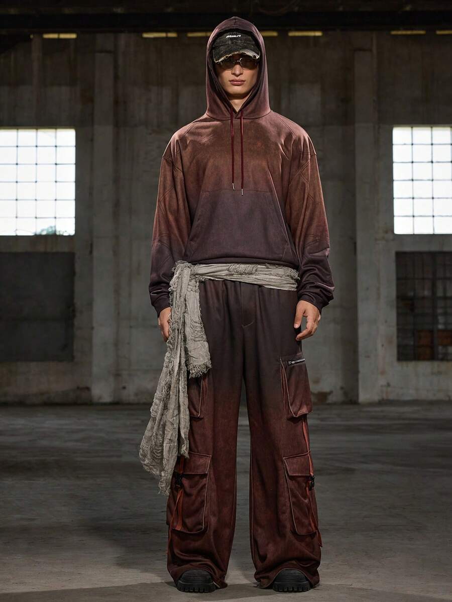 Manfinity VCAY 2pcs Men's Casual Knitted Loose Fit Hooded Long Sleeve Sweatshirt & Elastic Waist Straight Leg Pants Set, For Fall Winter - Burgundy - View 1