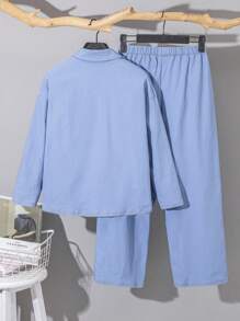 Bộ 3 áo sơ mi denim phong cách Hàn Quốc cho bé trai tuổi teen, áo phông và quần dài phù hợp để đi làm, đi học, mặc thường ngày, thể thao, xuân thu - Màu xanh lam - Xem 3