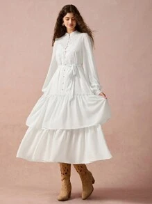 Enchnt Women's Elegant White Summer Graduation A-Line Dress,Solid Color Embroidered Front Button Long Sleeve Ruched Casual Fall Winter Christmas Clothing - White - View 1