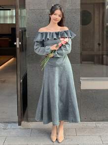 DAZY Women Elegant Off Shoulder Ruffle Top & Denim Skirt 2 Pieces Outfit, Suitable For Autumn