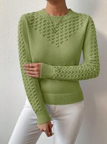 EMERY ROSE Women Solid Color Crew Neck Long Sleeve Hollow Out Casual Sweater, Autumn Knit Pullover Fall Winter Outfit - Green - View 1
