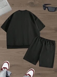 Manfinity VCAY 2pcs Men's Casual Letter Print Round Neck Short Sleeve T-Shirt & Shorts Set, Summer