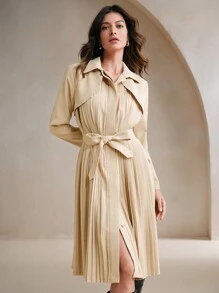 Anewsta 同款腰带褶边休闲翻领长袖长夹克 - 卡其色 - 查看 4