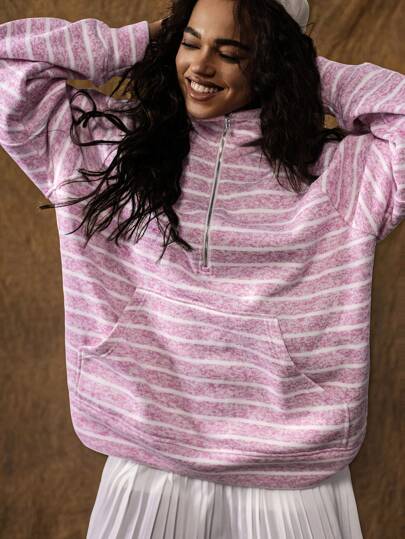 VARSITIE Rosa luvtröja Dam Casual Randig Halv Knapplås lös utomhus fleecejacka, höst