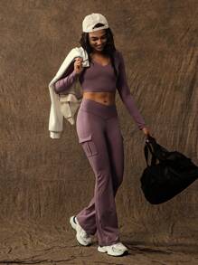 VARSITIE Fall Winter Clothes Women's Solid Color V-Neck Long Sleeve Top And Pants Casual Sportswear Set Flared Leggings Setwomen Activewear Setribbed Leggings Setwinter Two Pieces Setgym Leggings Set