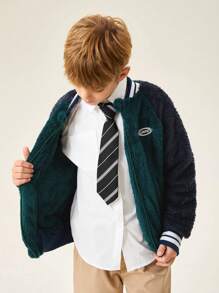 SHEIN Tween Boys' Casual Colorblock Ribbed Fleece Baseball Jacket, Autumn/Winter - Dark Green - View 9