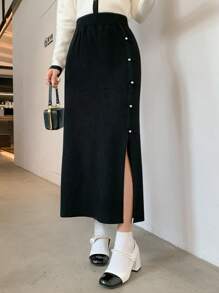 DAZY Women Casual Side Slit Knitted Sweater Skirt, Autumn/Winter - Black - View 4