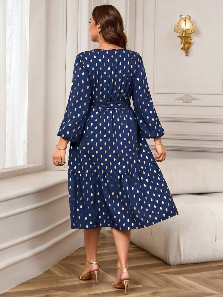 Plus Size Polka Dot Print V Neck Belted Long Sleeve Winter Dress