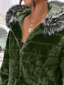 SHEIN LUNE Plus Size Long Sleeve Zip Front Fluffy Patchwork Casual Coat, Winter