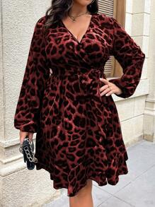 SHEIN Clasi Plus Size Autumn Leopard Print Ruffle Trim Tied Wrap Dress For New Year Clothes