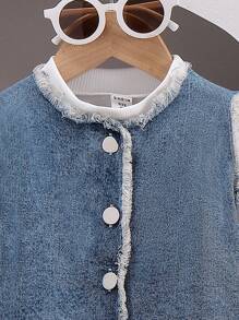 SHEIN Young Girl Casual Outfit: Frayed Edge Single-Breasted Denim Vest, Solid Color Puff Sleeve T-Shirt And Wide Leg Jeans Set, For Autumn - White - View 7