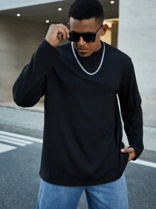 Manfinity Homme Camisa de manga larga de talla grande para hombre, de estilo casual con diseño de rayas de unicolor, para salir