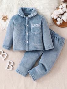 2 件套男婴休闲毛绒雾蓝色长袖衬衫和长裤家居服套装 - 霧霾藍 - 查看 1