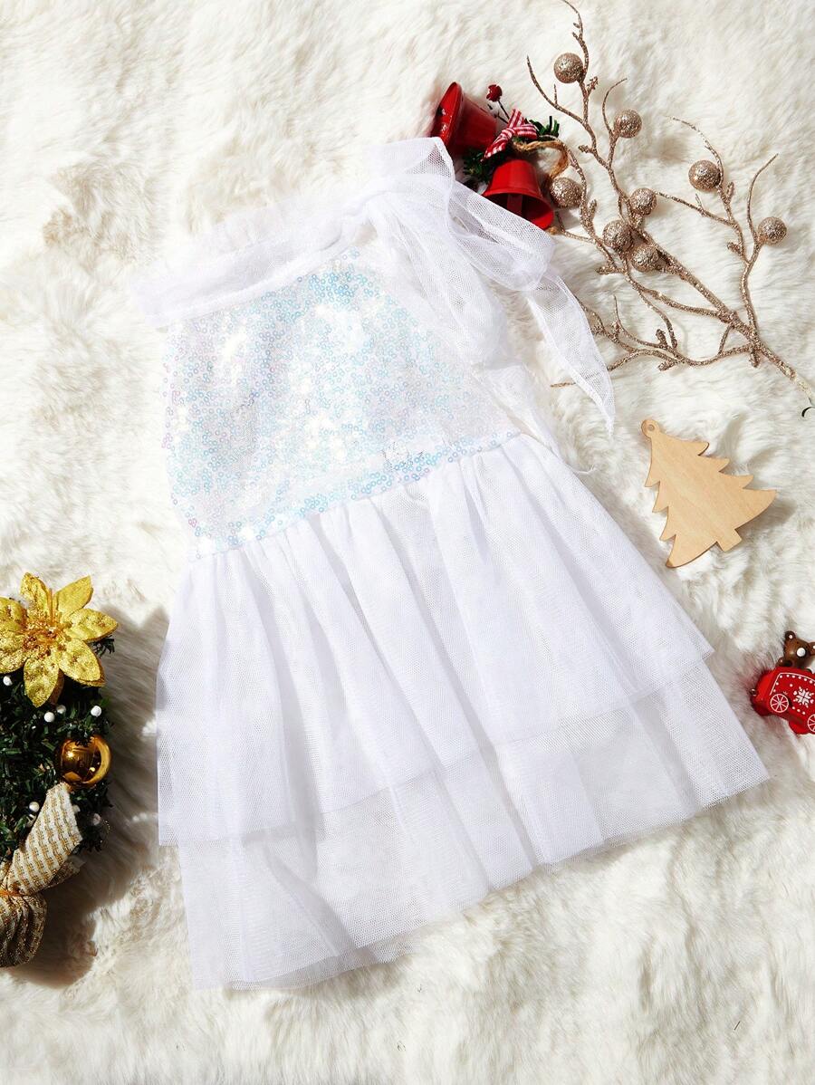 PETSIN 1 件宠物猫/狗圣诞白色亮片网眼撞色吊带系带连衣裙 - 白色 - 查看 1