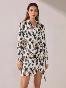 BizChic 缎面印花长袖连衣裙，女士感恩节、圣诞节、除夕、通勤连衣裙， - 彩色 - 查看 6