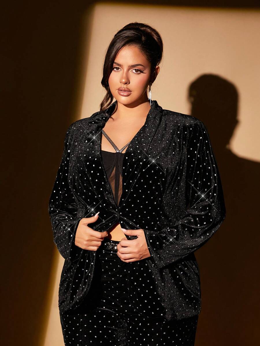 SHEIN SXY Plus Size Women Velvet Rhinestone Embellished Black Blazer ...