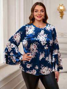 EMERY ROSE Plus Size Winter Clothes For Women Christmas Women Clothes Women Elegant Floral Print Flare Sleeve Blouse - Multicolor - View 5