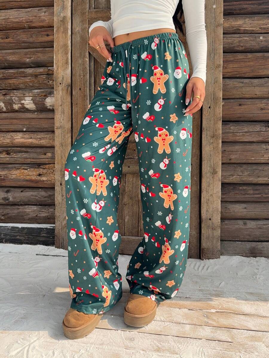 SHEIN EZwear 圣诞姜饼人印花针织裤 - 綠色 - 查看 1