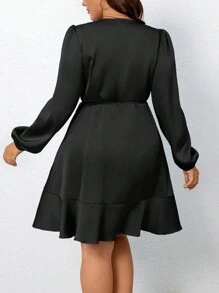 Rometta Plus Size Women's Solid Color Overlapping V-Neck Lantern Sleeve Side Tied Satin Dress Fall Cloth For Women - Black - View 2
