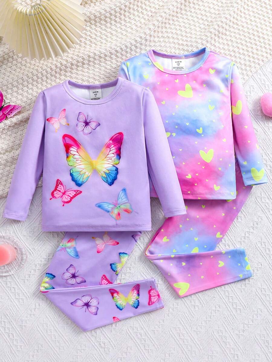 SHEIN Kleine Mädchen 4-teiliges Langarm Schlafanzug-Set mit Cartoon Schmetterling Muster, rundem Ausschnitt und extra langer Hose, kuschelig weich gebürstete Ausführung, ideal für Herbst/Winter