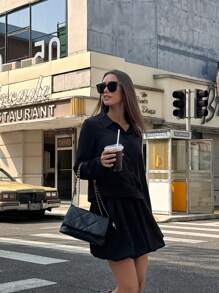 Chiquease 2 件套女士黑色长袖领子铆钉上衣和郁金香下摆裙子 - 黑色 - 查看 6