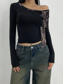 DAZY 女士秋季时尚豹纹系带前不对称肩部修身T恤长袖女上衣 - 黑色 - 查看 8