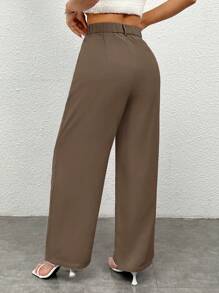 SHEIN PETITE Women Casual Solid Color Straight Leg Pants