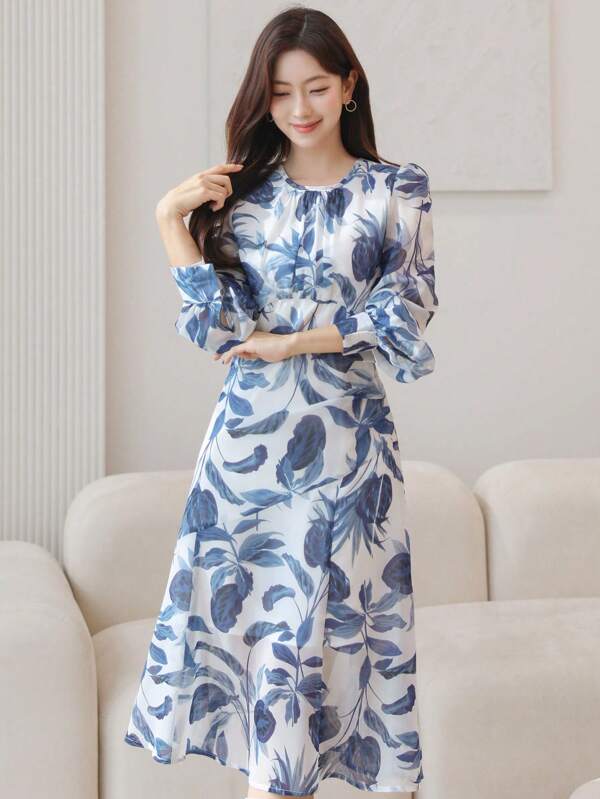 DAZY Floral Print Round Neck Puff Sleeve Mid-Length Dress For Women,Ruffle,Fall Clothes