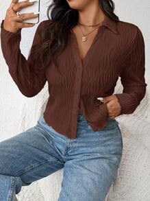 SHEIN Frenchy V-Neck Textured Plus Size Casual Fall Clothes T-Shirt, White - Coffee Brown - View 1