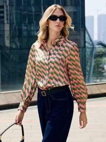 BizChic 女士优雅几何印花长袖衬衫、缎面印花连衣裙，适合节日约会、办公室、春夏季、圣诞节 - 粉色 - 查看 8