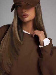 MUSERA 宽松廓形短款卫衣，长袖，宽松版型，返校季冬季舒适可爱休闲日常胶囊衣橱，Y2K街头风，春假必备 - 棕色 - 查看 5